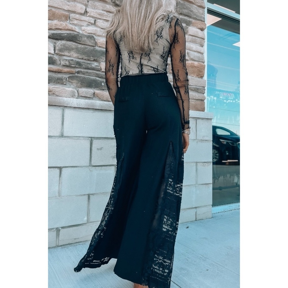 POL Black Rib Knit Lace Panel Flare Pants | Patchwork Wide Leg Pull On - Picture 8 of 13